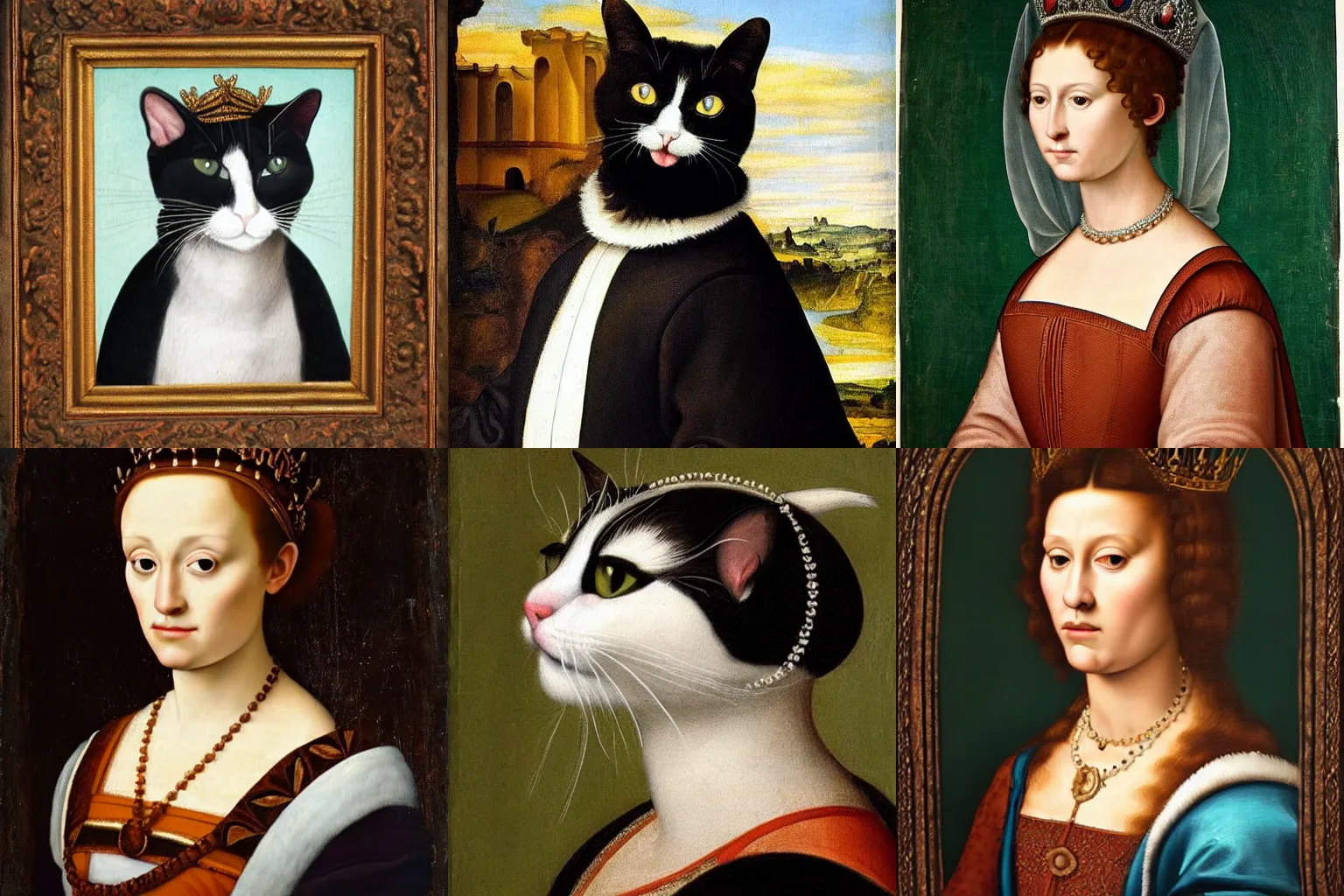 Prompt: beautiful renaissance portrait painting of a queen tuxedo cat