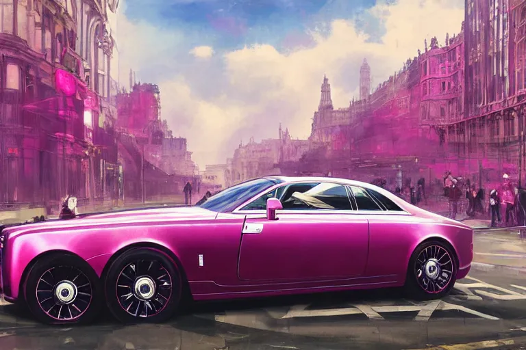 Image similar to photograph of a shiny hot pink rolls royce, with a sleek spoiler, driving down the streets of london cyberpunk city, by greg rutkowski, by stanley artgerm, by alphonse mucha