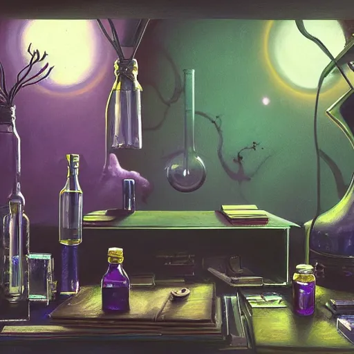 Prompt: a detailed painting of a dark purple highly poisonous potion, lit by a single ray of sunlight, on a table full of books in a dusty vintage science lab, hyperrealistic fantasy art, concept matte, ethereal, dreamy, digital art, trending on arstation, volumetric cinematic lighting