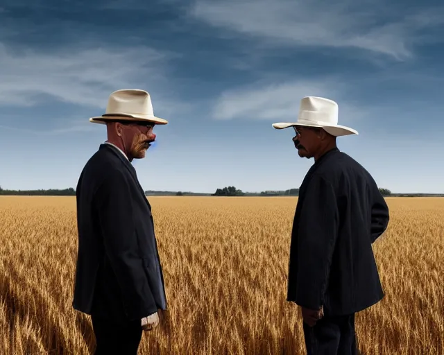 Image similar to extreme long shot of walter white wearing a black hat and gustavo fring standing facing each other from a distance in a wheat field, insanely detailed, low angle, side view, perfect angle, 8 5 mm photograph, 8 k resolution, wide shot, sharp lens, cinematic