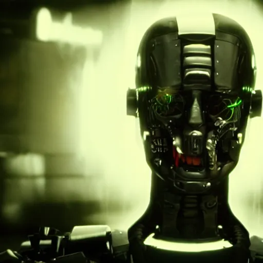 Image similar to movie still of a villain cyborg, facial expression, cinematic composition, cinematic light, surreal cinema, by edgar wright and david lynch,