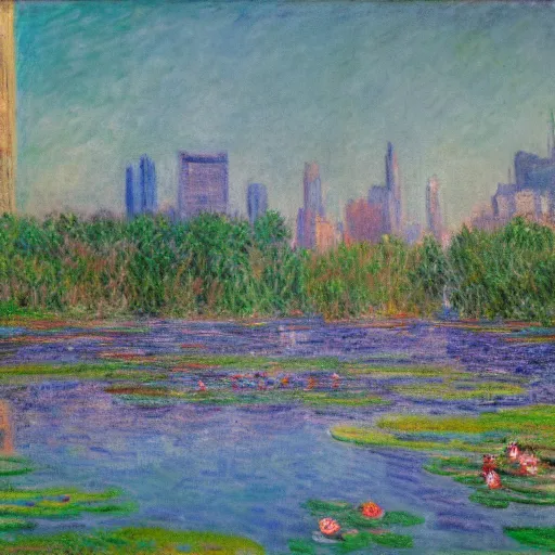 Image similar to monet's the water lily pond with a city scape in the background, neon high - rises