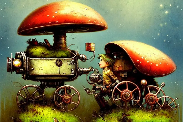 Image similar to adventurer ( ( ( ( ( 1 9 5 0 s retro future robot android mouse wagon. muted colors. background of mushrooms and moss ) ) ) ) ) by jean baptiste monge!!!!!!!!!!!!!!!!!!!!!!!!! chrome red