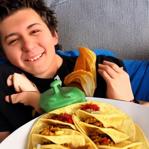 Image similar to isaak newton hugging an anime body pillow while eating tacos