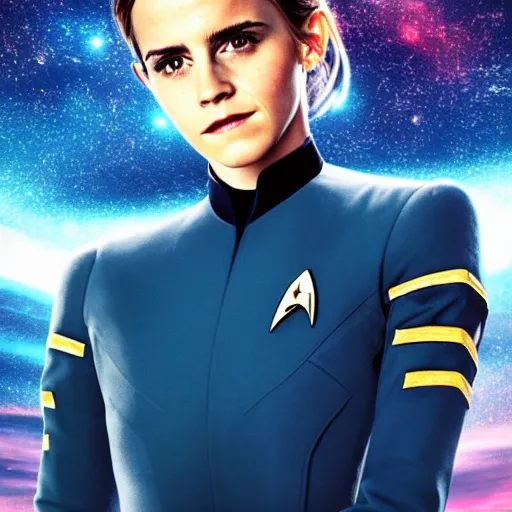 Image similar to a full body portrait of emma watson as a star fleet officer from star trek next generation, ultra rendered extreme realism and detail, 8 k, highly detailed, realistic, completely framed, hyper realistic, colorful, direct lighting, 3 5 mm photo, photorealistic, sharp focus