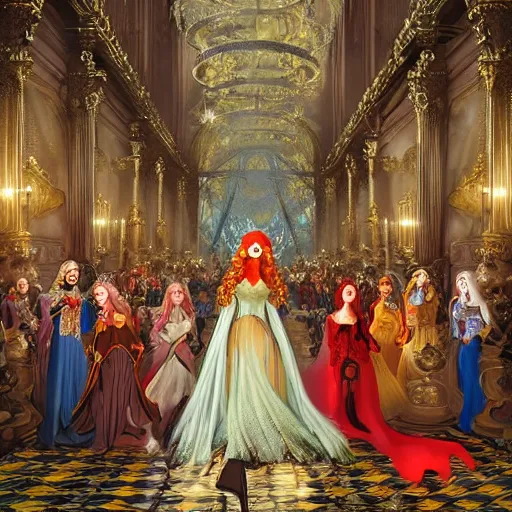 Prompt: Fantastic, fairytale painting, Beautiful, sorceress, long flowing red hair, light emitting from fingertips, hovering, ornate gown, royalty, surrounded by a crowd of people, onlookers, kingdom, royal court