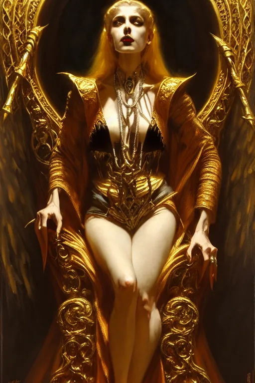 Prompt: full body portrait of beautiful vampire queen in gold gothic robe sitting on a throne of bones, elegant, highly detailed painting by gaston bussiere, craig mullins, j. c. leyendecker, 8 k, mid shot