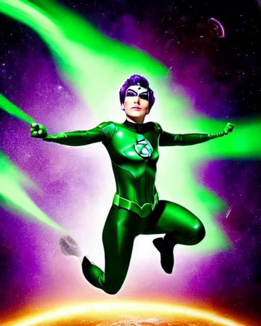 Image similar to photos of beautiful actress Ella Purcell as the Green Lantern Soranik Natu, as she soars thru outer space. Photogenic, purple skin, short black pixie like hair, particle effects, photography, studio lighting, cinematic