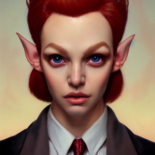 Prompt: portrait of a beautiful nonbinary model with tan skin and messy short red hair wearing a men's suit, elf ears and copper eyes, by Gerald Brom and Ross Tran, hyper-realistic, soft lighting, 4K, trending on artstation