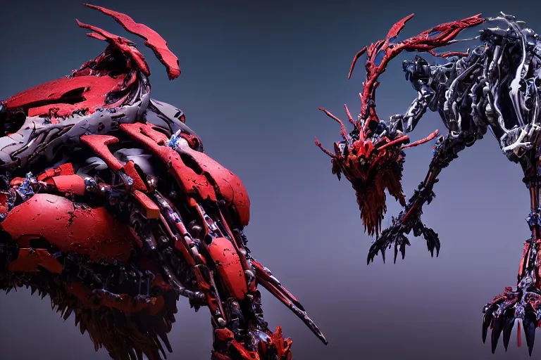 Prompt: a hyper detailed fanghorn evangelion realistic mechanical and organic creature similar look as horizon forbidden west horizon zero dawn, bioluminiscence in a dark deep forest at dawn in spring, with reflection and textures, by kilian eng, substance painter reaslitic mech surface metal painted scratches,