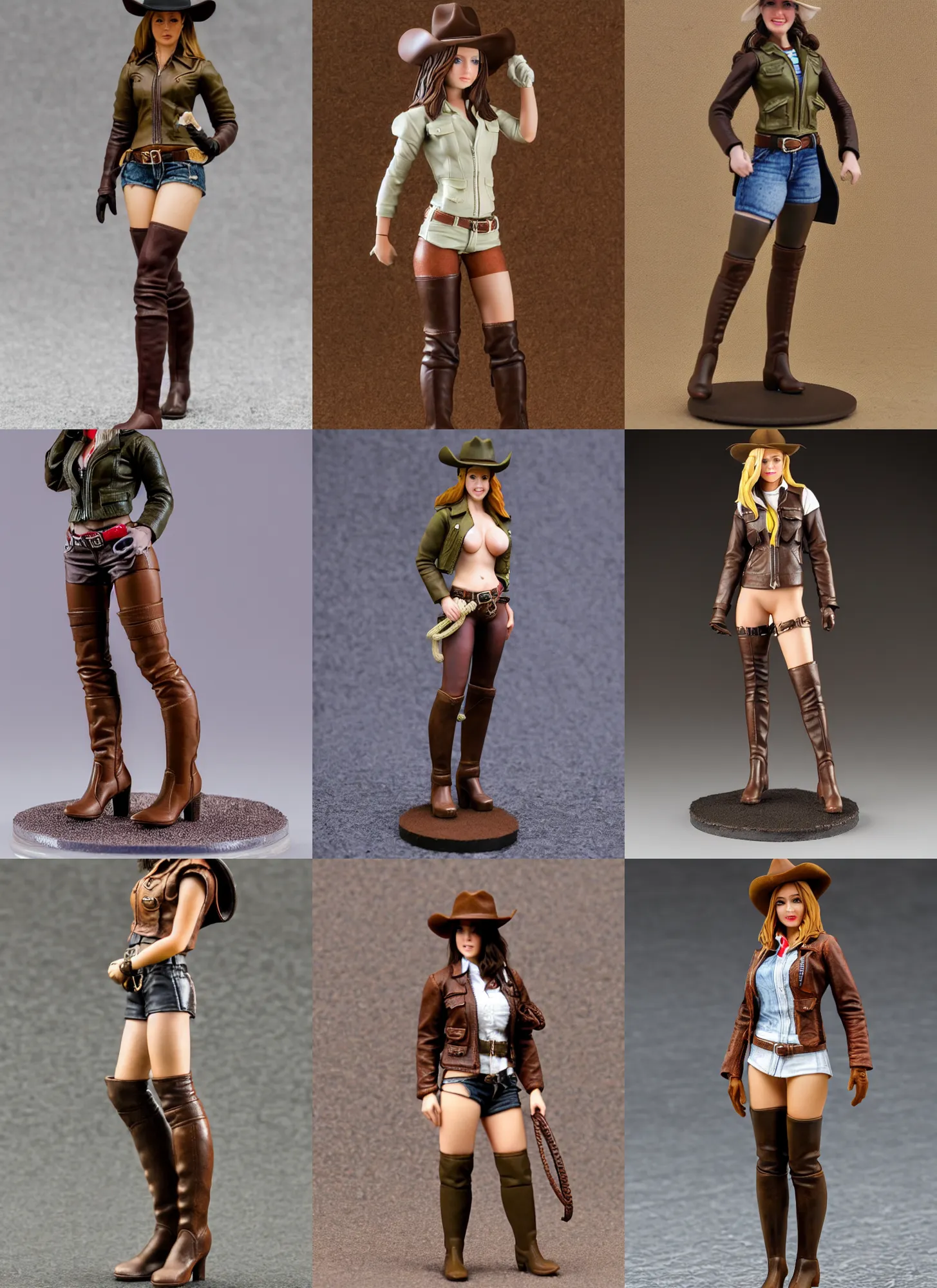 Prompt: 80mm resin detailed miniature of a cow girl, Short brown leather jacket, ten-gallon hat, over-knee boots, olive thigh skin, Standing with legs open on textured disc base; Miniature product Introduction Photos, 4K, Full body; Front view