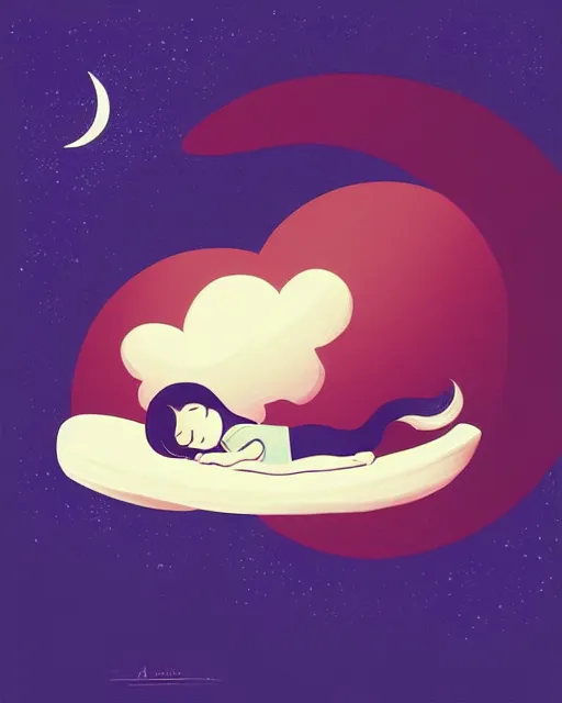 Image similar to beautiful painting of little girl sleeping on her flying bed, art by petros afshar, art by cheng hsiao - ron, sky night, illustration, highly detailed, simple, smooth and clean vector curves, no jagged lines, vector art, smooth, artstation