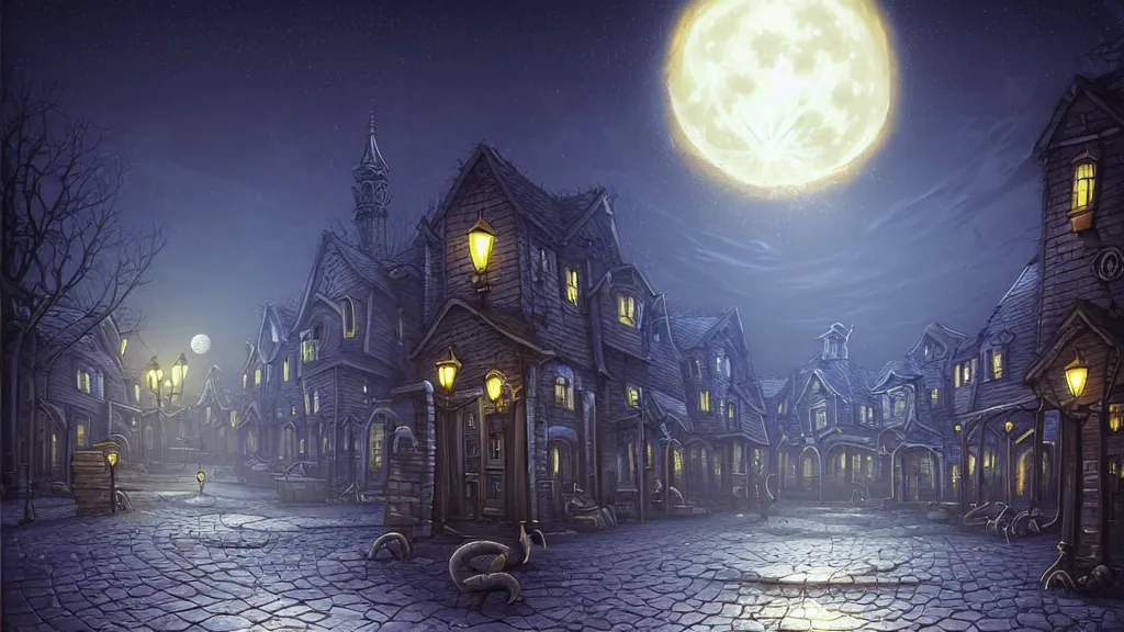 Image similar to empty lovecraftian town square surrounded by houses and inns. lovecraftian city at night by cyril rolando and naomi okubo and dan mumford and ricardo bofill. lovecraft. cobbled streets. oil lamp posts. lovecraftian statues. full moon halo.