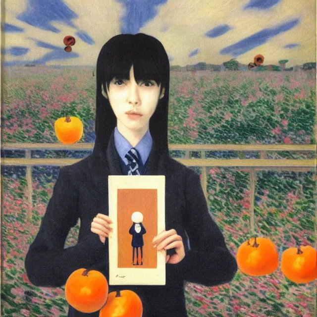 Image similar to tall emo girl artist holding small portraits and a persimmon, on shinkansen in tokyo, shinagawa station, pigs, octopus, acrylic on canvas, surrealist, by magritte and monet