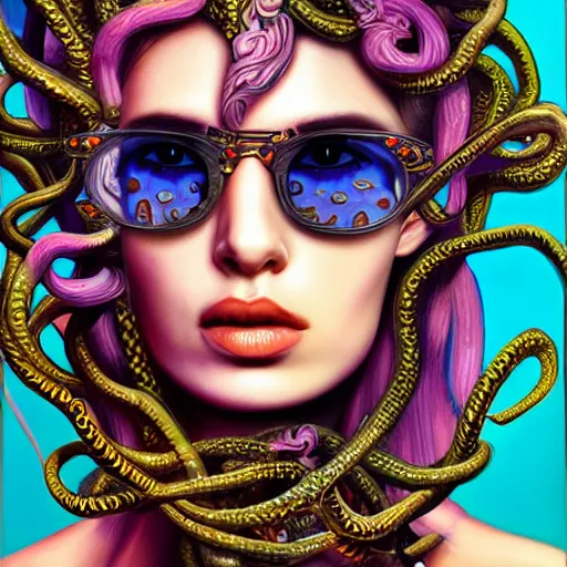 Prompt: an extremely psychedelic portrait of medusa wearing sunglasses, surreal, lsd, face, detailed, intricate, elegant, lithe, highly detailed, digital painting, artstation, concept art, smooth, sharp focus, illustration,