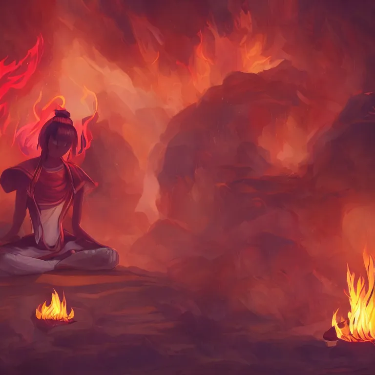 Prompt: a 2 d illustration of character, the teenager nezha sit in meditation in the fire, full body, cute, fantasy, close - up, red flame background, 8 k