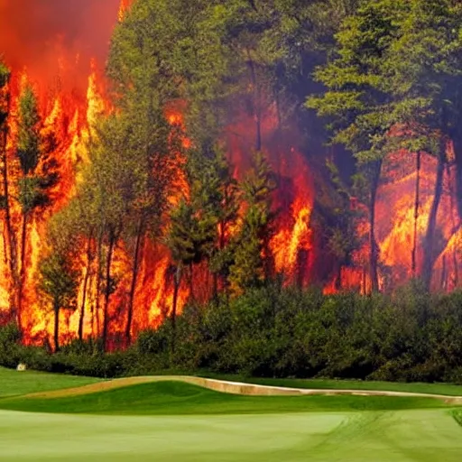 Image similar to lush golf course surrounded by forests on fire