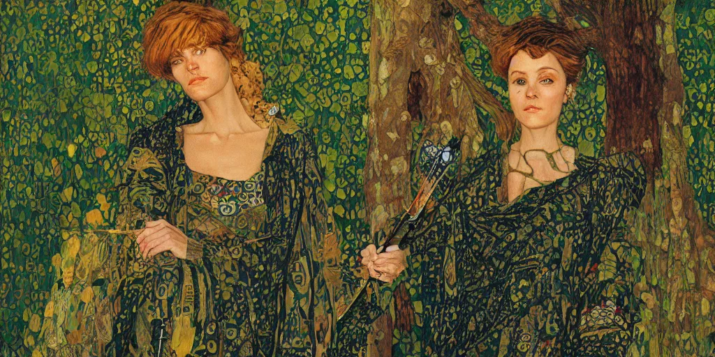 Prompt: forest ranger medic archer rpg masterpiece female, oil painting charles vess, green camo intricate stitched patterned clothes, klimt,