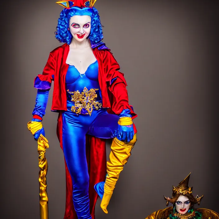 Image similar to full body photo of a real - life beautiful female jester queen, 8 k, hdr, smooth, sharp focus, high resolution, award - winning photo