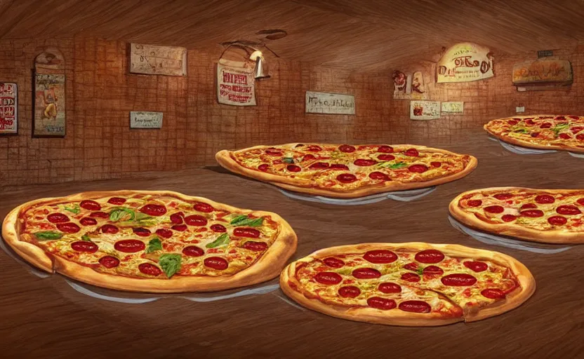 Image similar to a room made of pizza. called the pizza room amazing detailed artwork, trending on artstation