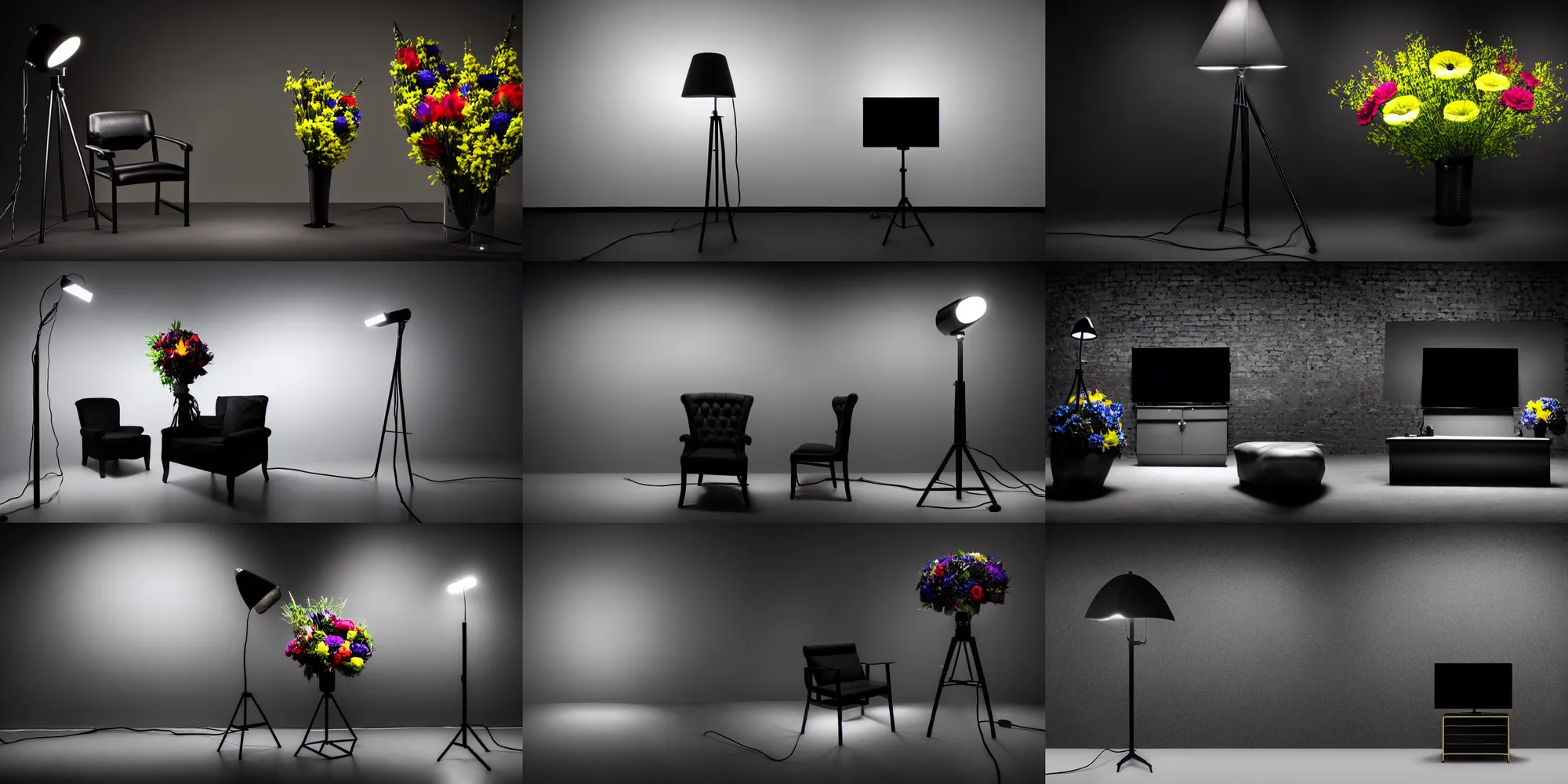 Prompt: detailed studio photograph, wide angle, black background! pitch black! dark low light studio setting, darkness, high quality, elegance, tv production, pitch black background, single chair, standing lamp luxury, famous designer lamp, single chair, tall colorful flower bouquet oppulent