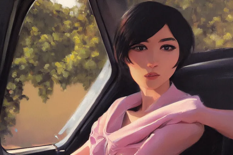 Image similar to A ultradetailed beautiful portrait panting of a stylish woman sitting in the backseat of a car, Oil painting, by Ilya Kuvshinov, Greg Rutkowski and Makoto Shinkai