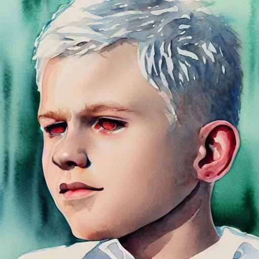 Prompt: white haired teen boy, portrait, artstation, watercolor, highly detailed, by Ross tram