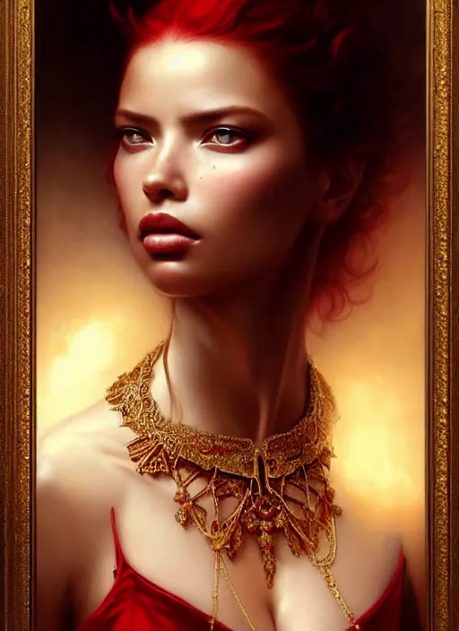 Prompt: a beautiful woman with baroque dress, red hair, gold necklace, adriana lima, painted by artgerm and tom bagshaw, by rembrandt fantasy art, dramatic lighting, highly detailed oil painting