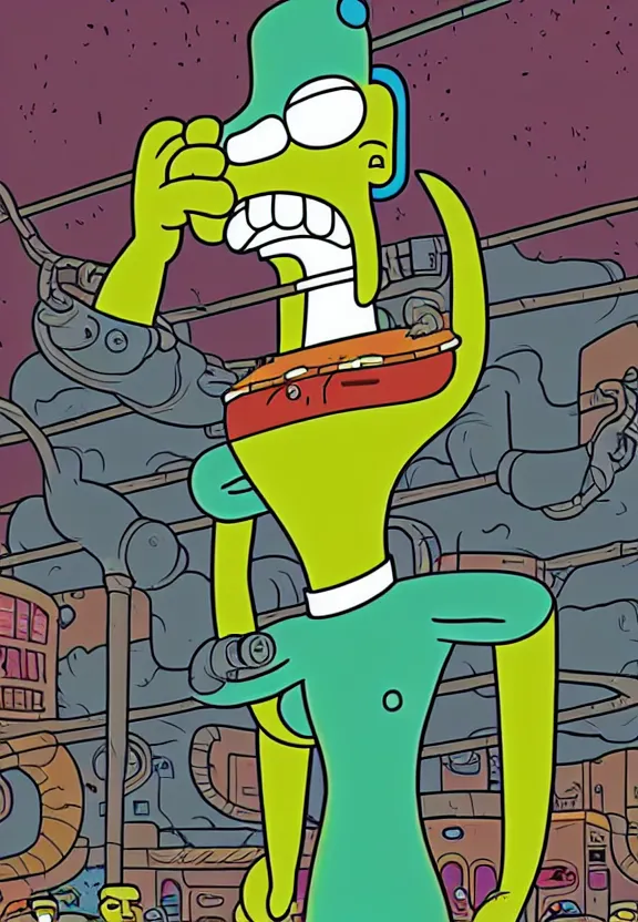 Image similar to portrait of a character from the show futurama in a sci - fi city, looking at camera, extremely detailed, illustration, art by matt groening, futurama animation artstyle