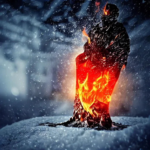 Prompt: man of fire on a snowy biome slowly melting snows, heatwave, 4 k photoshop, photorealistic, 1 0 0 m, sharp focus, bokeh, movie shot, cinematic perspective, studio shot