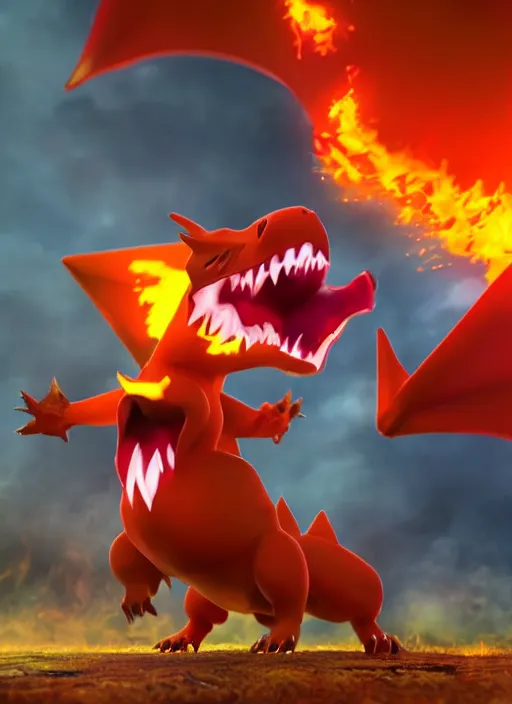 Image similar to pokemon charizard screaming fire coming out of mouth, epic scene, highly detailed, high quality, 8 k, 4 k, octane render, digital painting