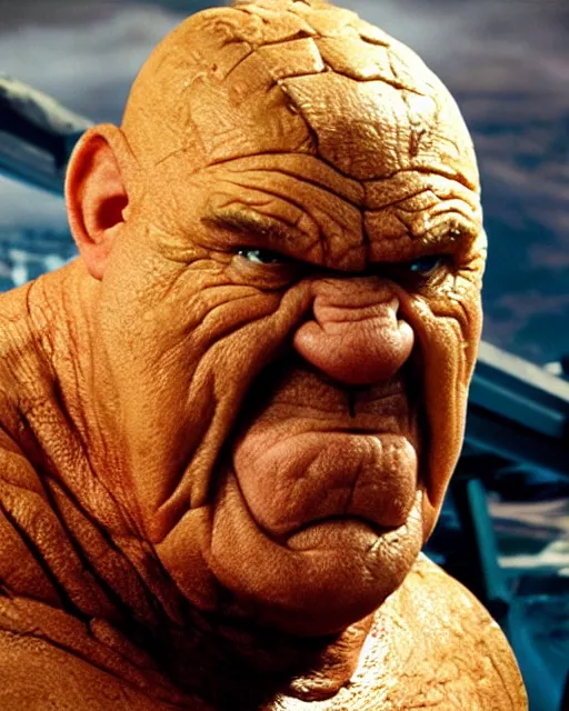 Prompt: Ed Asner starring as Ben Grimm, The Thing from The Fantastic Four Movie, battles the Thanos, Color, Modern