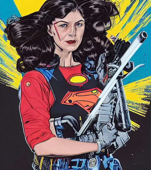 Image similar to portrait of a female inventor holding a wrench, by dc comics and sandra chevrier