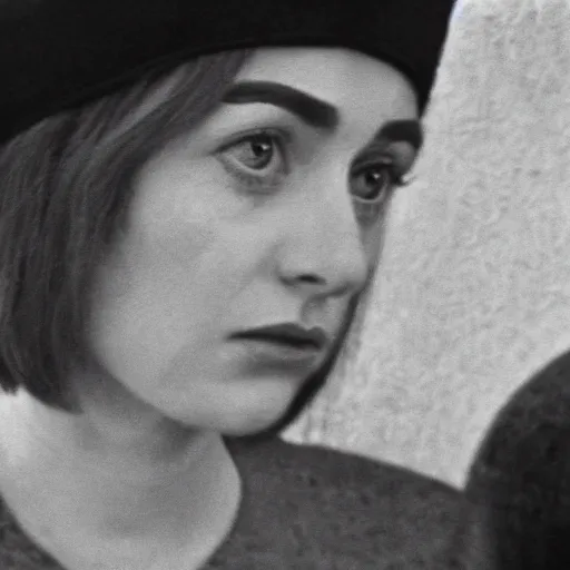 Image similar to still from a masterpiece 1 9 6 0 s french art film, very beautiful and elegant girl in beret with large eyebrows sits in the far background with an angry expression, moody lighting, viewed from afar, cinematic shot, the camera is focused on her conversation with a man, color film