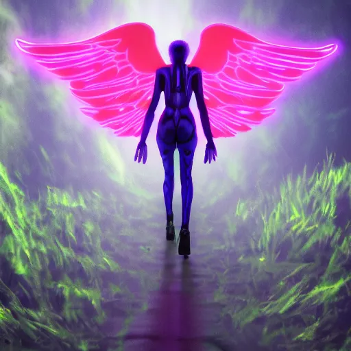 Image similar to evangelion biblical angel invaders with neon wings in a dim dark forest colorful 4 k path traced high definition detailed artstation realistic trending dramatic lighting dark and light contrast gothic pastel