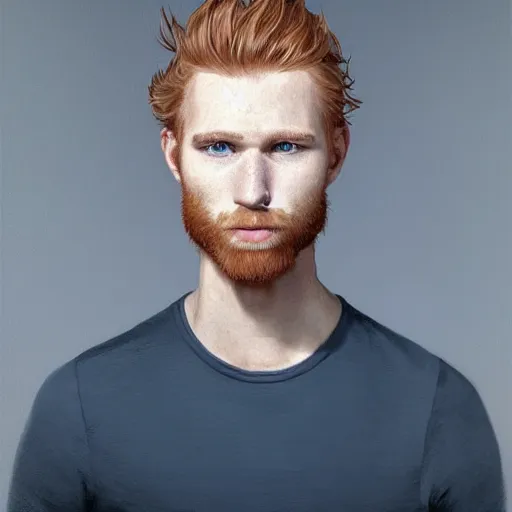 Image similar to 2 4 - year - old man, masculine face, square jaw, ginger hair, dark blue eyes, hyper realistic face, beautiful eyes, highly detailed, digital painting, smooth, sharp, beautiful face, expressive eyes, long fluffy wavy ginger hair, art by greg rutkowski and alex gray