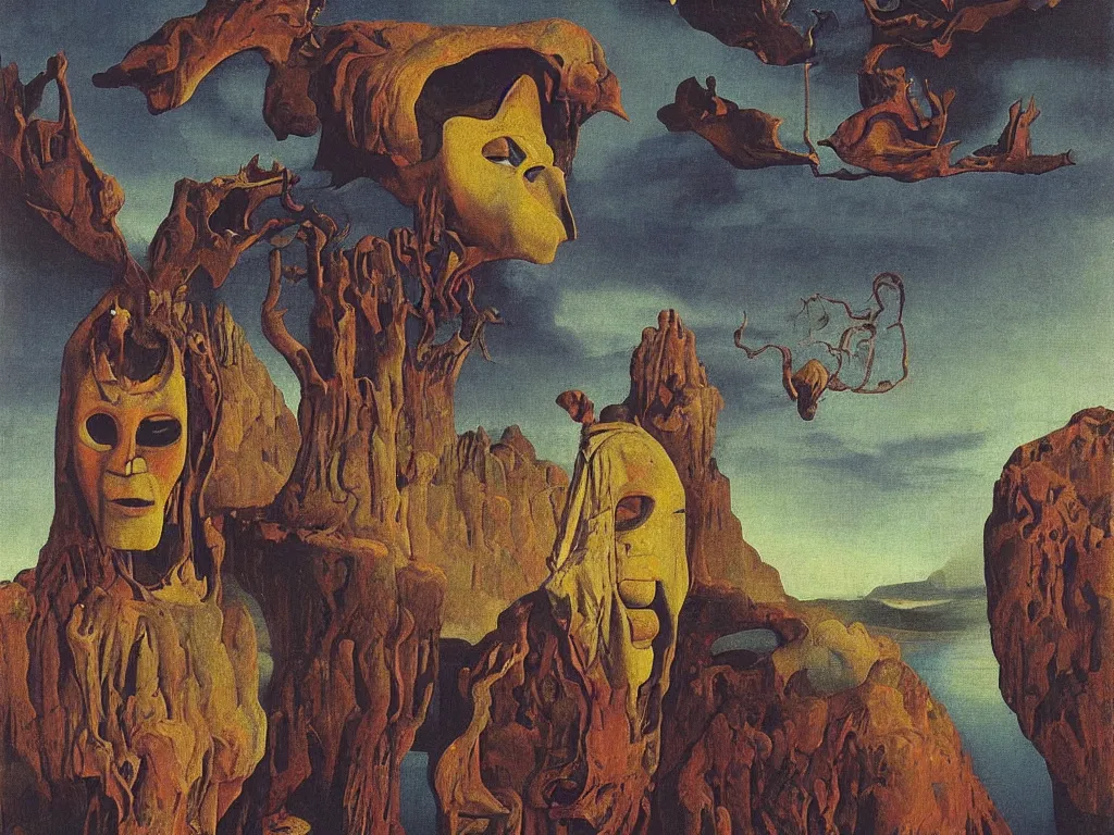 Image similar to Portrait of strange man, african mask, very elongated head, with moth antennae entering the toxic, phosphorescent river flowing from the factory. Apocaliptic skies. The glowing rock in the lithium desert. Painting by Jan van Eyck, Rene Magritte, Jean Delville, Max Ernst, Walton Ford