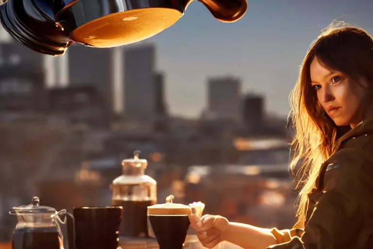 Image similar to hyperrealistic portrait of stunningly beautiful female nordic barista, brewing a V60 coffee outdoor, lit by dawn light, busy city on background, trending on artstation,ultrawide angle, f8 , polarizer , unreal engine