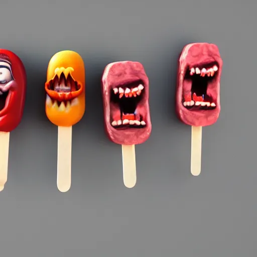 Prompt: popsicles shaped like screaming chucky doll octane render, unreal engine