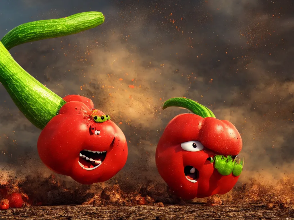 Image similar to highly detailed 3 d render of a raging mad angry zucchini character, guns blazing, dirt road showdown, wimpy tomates scattered everywhere, high speed action, explosions, dramatic scene, hyper realistic octane render, cinematic lighting, tomato splatter, deviantart, black sky, lowbrow, surrealism, pixar still, mayhem