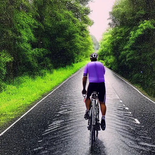 Image similar to “a middle aged man in Lycra cycling gear wearing a day-glo cycling helmet walking along a country road in the rain with a bent bicycle wheel in his hand, hyper realistic, 4K”