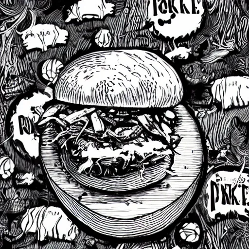 Image similar to pulled pork sandwich in the style of joe fenton