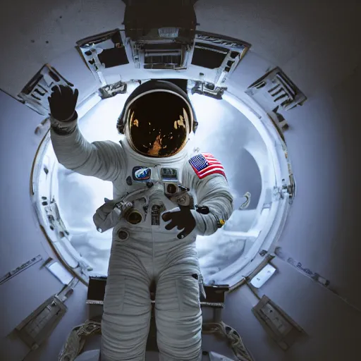 Prompt: dark photograph of an astronaut, lit from bottom, full body photo,, 8 k