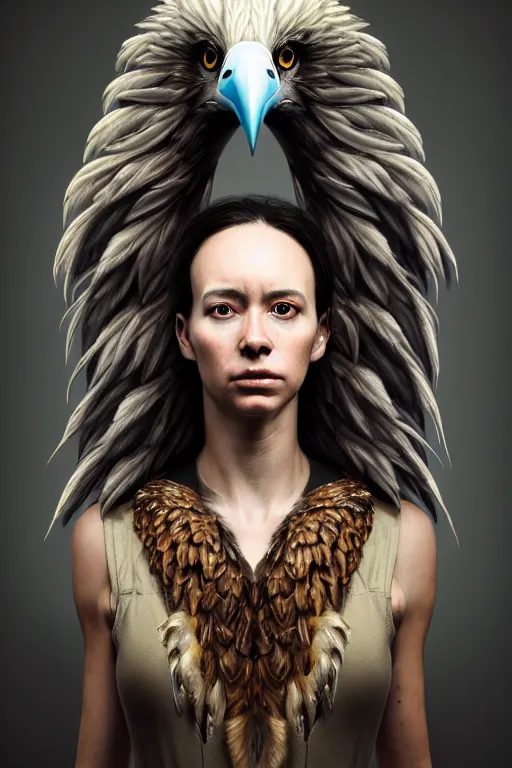 Image similar to epic professional digital portrait of attractive female human - eagle hybrid animal, wearing human air force jumpsuit, humanoid feathered head, eagle beak, by lisa roet, leesha hannigan, wayne haag, iris van herpen, artstation, cgsociety, epic, much wow, much detail, gorgeous, detailed, cinematic, masterpiece