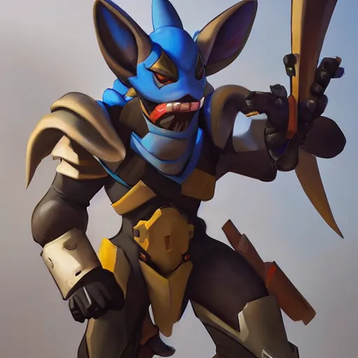 Image similar to greg manchess portrait painting of partially armored lucario as overwatch character, medium shot, asymmetrical, profile picture, organic painting, sunny day, matte painting, bold shapes, hard edges, street art, trending on artstation, by huang guangjian, gil elvgren, ruan jia, greg rutkowski, gaston bussiere