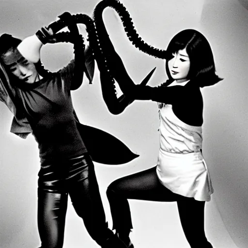 Image similar to japanese 70s black and White TV show, Photorealistic, highly detailed, girl fighting tentacles coming out of a vintage TV set