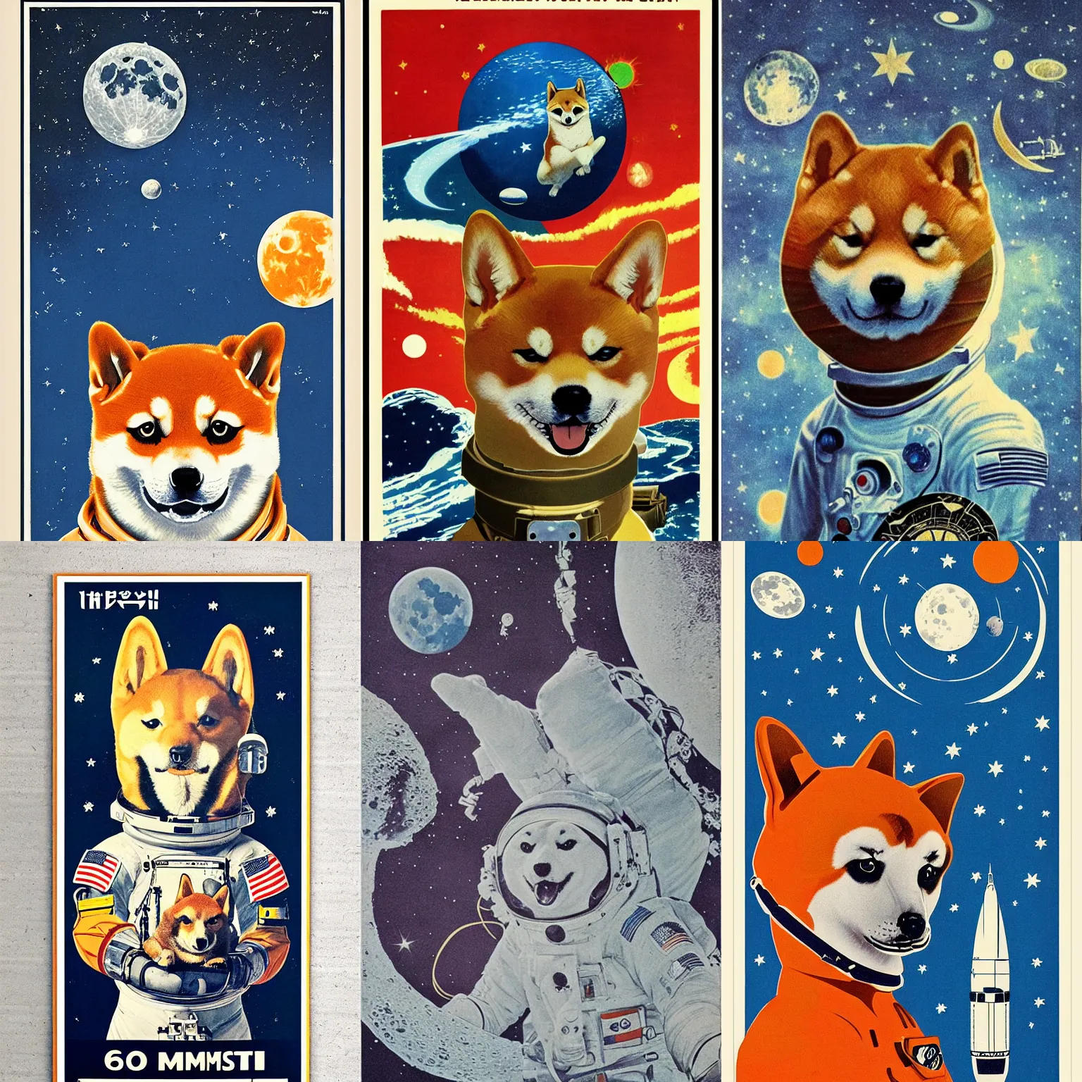 Image similar to Shiba Inu cosmonaut portrait, moon mission, 60s poster, 1968 Soviet