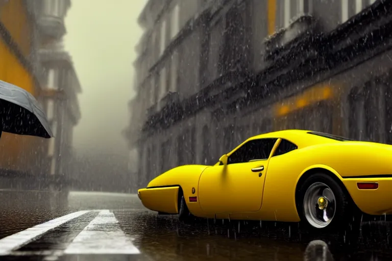 Image similar to a wholesome animation key shot of one focused yellow ferrari, dynamic, on a wet london street, raining, clouwdy atmosphere, wide shot, studio ghibli, pixar and disney animation, sharp, very detailed, high resolution, rendered in unreal engine 5, anime key art by greg rutkowski, overcast lighting, dark