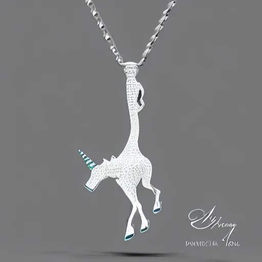 Image similar to a silver unicorn necklace pendant, 3 d rendering, in the style of pandora, tiffany, swarovski, van cleef & arpels, cartier, boucheron, bulgari, chaumet, elegant, noble, stylish