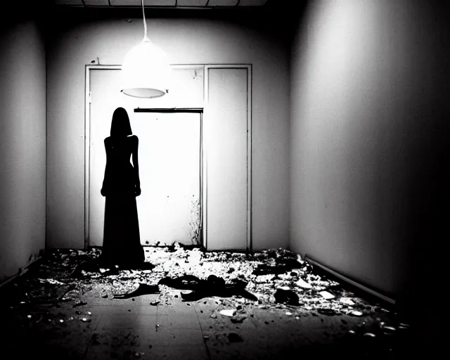 Prompt: creepy mangled woman wearing white dress standing in the backrooms, the eerie forlorn atmosphere of a place that's usually bustling with people but is now abandoned and quiet, buzzing fluorescent lights above the ceiling, unsettling images, liminal space, dark,